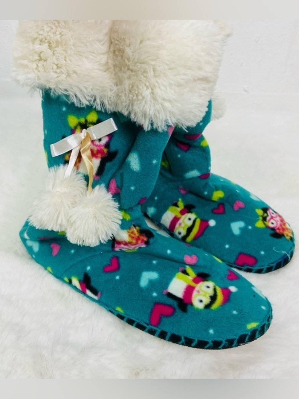 SO Cozy Teal Fleece comfy penguin tassel Boot Slippers with Pom Pom size 9.5